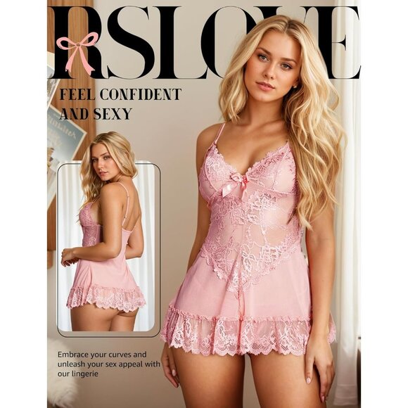 Women Pink Lingerie Lace Babydoll Mesh Chemise Sleepwear Bridal Nightdress - Picture 2 of 5
